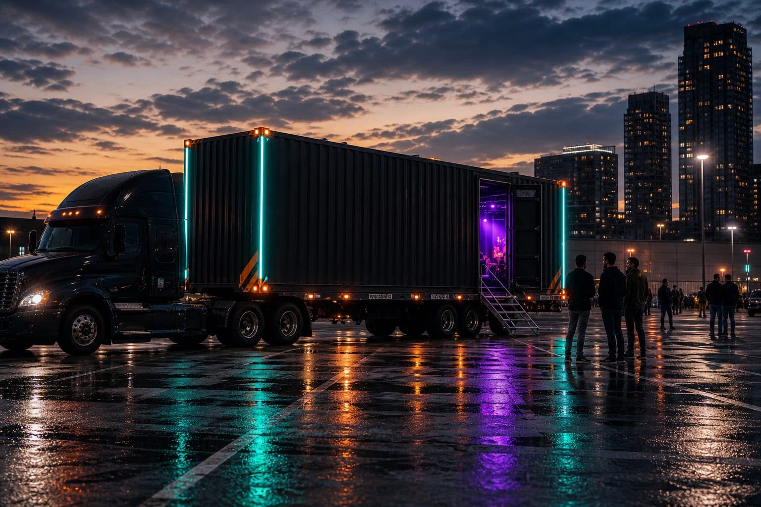 The Rolling Mic 40-foot container stage open and lit at an event, with a crowd watching