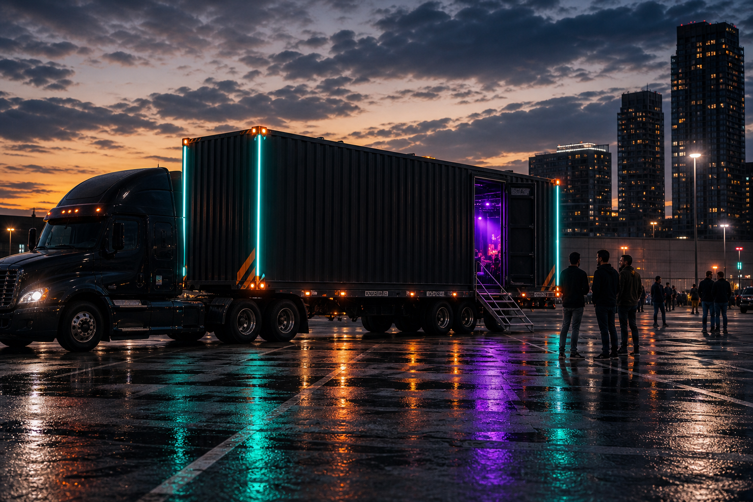 A realistic 40-foot ROLLING MIC container stage arriving for a day-to-night event