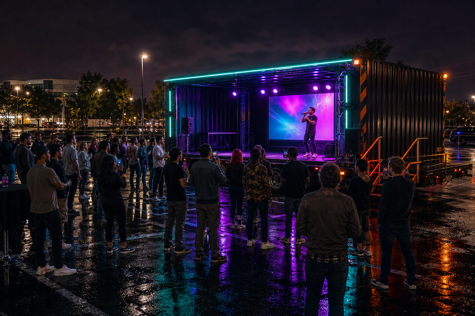 A crowd gathered around the ROLLING MIC container stage during a day-to-night event