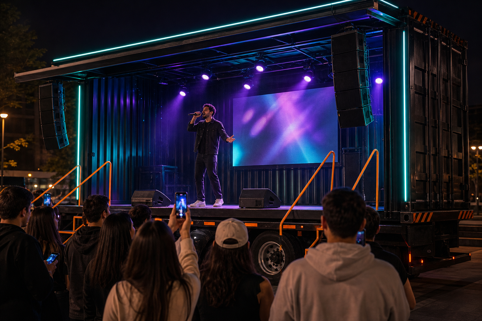 A singer performing on the ROLLING MIC fold-out container stage