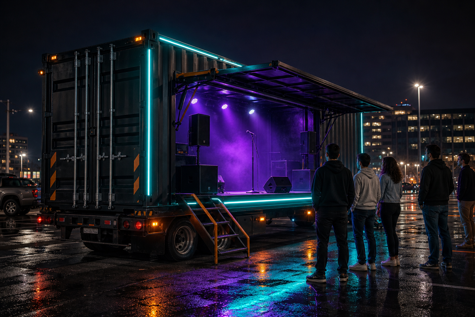 A realistic fold-out side stage built into a standard 40-foot container
